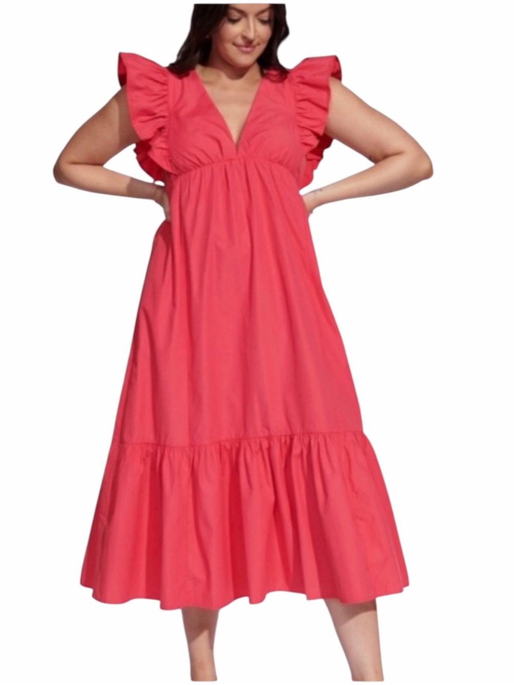 Abercrombie x Tia Booth Pink Flutter Sleeve Tiered Poplin Midi Dress L